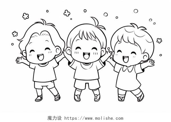 三个欢呼的小孩卡通黑白AI插画